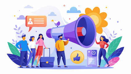 Concept of advertisement, marketing, promotion, call through the horn, online alerting Communication announcement by flat megaphone, flat illustration