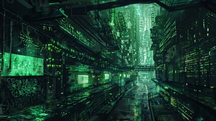 Fototapeta premium A dark and mysterious city street with a green neon glow