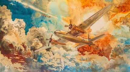Craft a watercolor masterpiece depicting aviation milestones from a surreal perspective Create a whimsical world with flight symbols intertwined, invoking wonder and intrigue