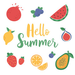 Hello summer vector illustration. Hand drawn lettering with fruits and berries.