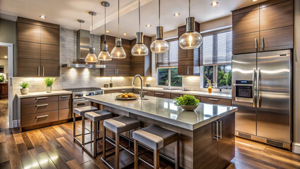 A contemporary kitchen with stainless steel appliances, illuminated by pendant lights hanging above the sleek countertop. 