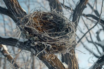 Winter Solitude: Close-Up of an Abandoned Nest in a Bare Tree