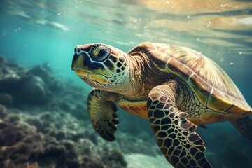 Fototapeta premium Graceful Turtle underwater swim. Water marine. Generate Ai