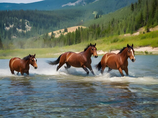 Untamed Bay Horses Leaping Across the Wilderness