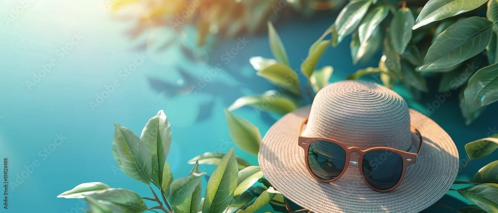 Wall mural Hat, Sunglasses, and Flowers on Blue Background