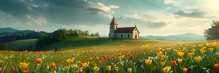 A church overlooking a green tulip field realistic nature and landscape