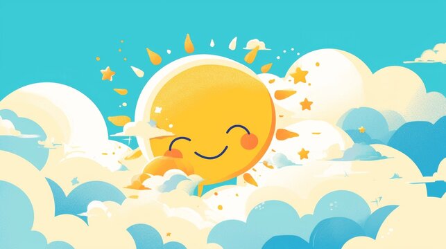 Cheerful Get Well Soon Card with Smiling Sun and Clouds Illustration
