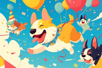 Playful Dogs Celebrating Birthday with Balloons and Festive Decor