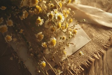 Rustic Wedding Invitation Card with Burlap and Wildflowers on Wooden Table