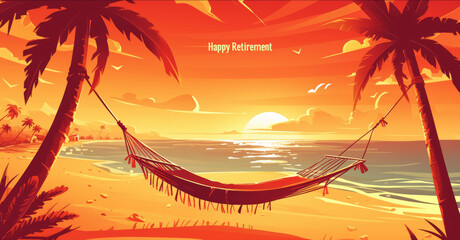 Happy Retirement Greeting Card with Serene Beach Sunset and Hammock
