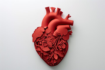 Creative red paper cut human heart on white background. Health, science, cardiology, cardiovascular diseases, cardiology care, circulatory system concept