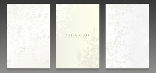 White cover set design. Floral pattern, bouquet silhouettes, scattered flowers and leaves for wedding card, elegant invitation, celebration and anniversary template.