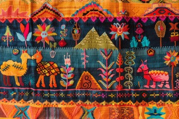 Traditional colorful embroidered textile with animals and floral patterns