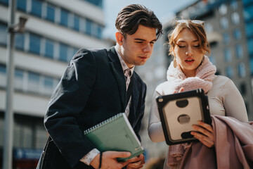 Young entrepreneurs or colleagues with tablets and notebooks strategizing for business expansion in an urban city setting.
