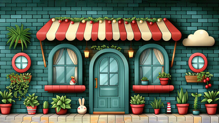 Obraz premium A green brick building with a red & white awning, potted plants in front