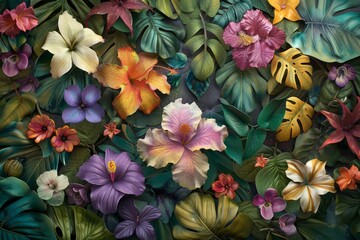 Lush tropical flower background with vibrant flora and greenery