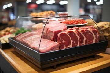 Slices of raw pork in plastic box on shelf in supermarket