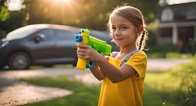Happy child with water gun in summer.