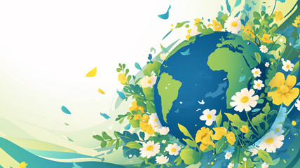 World Environment Day Illustration: Planet Earth with Plants and Flowers. Copy Space, Banner. Generative AI