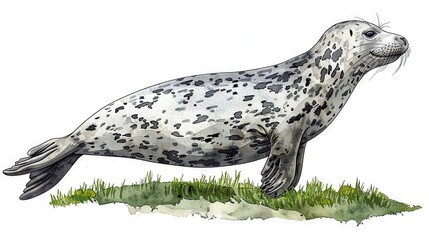   Watercolor illustration of a seal on a green field with an open mouth and extended tongue