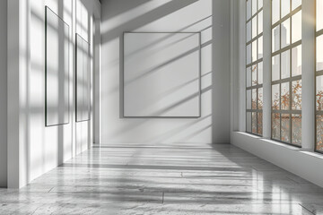 Minimalist gallery space with empty frames on bright walls, suitable for art or advertising displays.