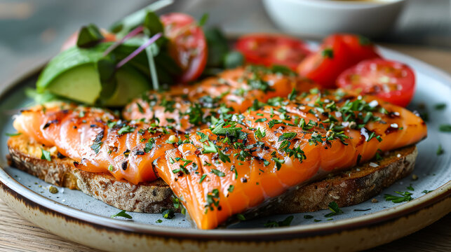 A plate of salmon with a side of vegetables. The salmon is grilled and has a garnish of parsley. The vegetables include tomatoes and lettuce. The plate is set on a wooden table