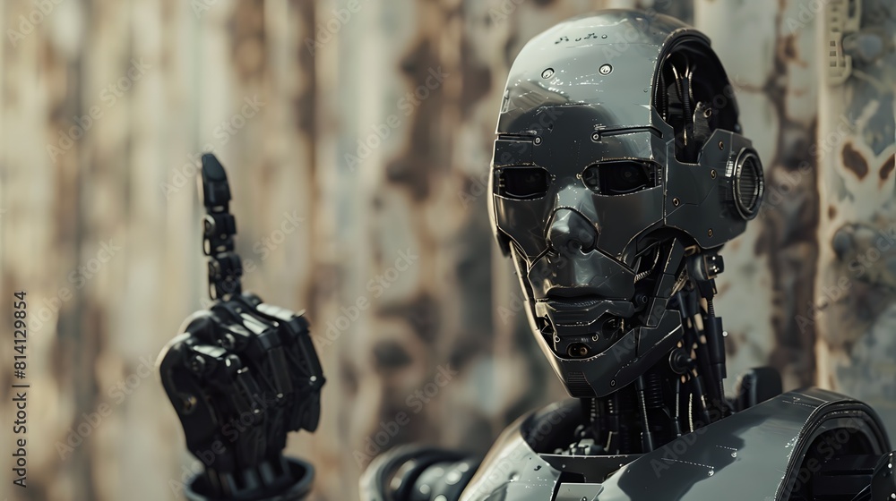 Poster futuristic ai robot with handgun in a post-apocalyptic world. a conceptual drama scene with an andro