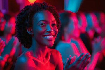 Vibrant concert audience enthusiasm. A joyful young woman enjoying a live music event, evoking a sense of celebration and communal experience, ideal for entertainment and event promotions