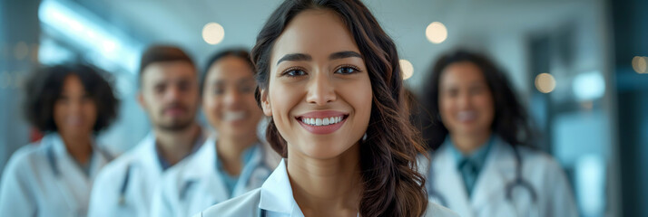 Confident medical team led by a smiling female doctor. Portrays healthcare professionalism and trust, ideal for medical advertising and editorial use
