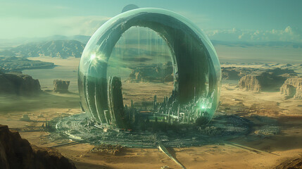 Fototapeta premium Cities built on the concept of green cities in a desert. Growing plants in greenhouses to protect plants. Desert Plant Research Institute. Plants growing in glass domes.