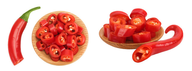 red hot chili pepper slices in wooden bowl isolated on white background. Top view. Flat lay.