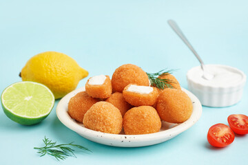 Plate with delicious fried mozzarella balls, tomato, lime and lemon on blue background, closeup