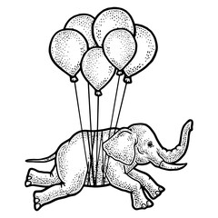 Elephant flies on balloons sketch engraving PNG illustration. T-shirt apparel print design. Scratch board imitation. Black and white hand drawn image.