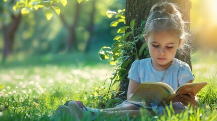 A toddler with long hair is happily reading a book under a tree in a natural landscape. Grass and terrestrial plants surround her as she enjoys the outdoors AIG50
