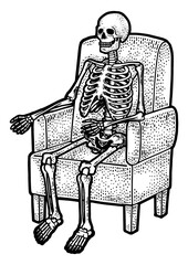 human skeleton is sitting in armchair sketch engraving PNG illustration. T-shirt apparel print design. Scratch board imitation. Black and white hand drawn image.