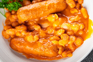 beans sausages tomato sauce fresh cooking appetizer meal food snack on the table copy space food background rustic top view