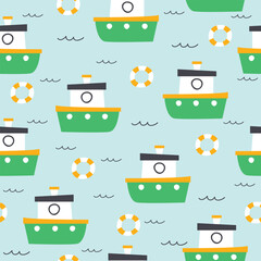 Seamless marine pattern with boat and waves. Vector illustration. It can be used for wallpapers, wrapping, cards, patterns for clothes and other.