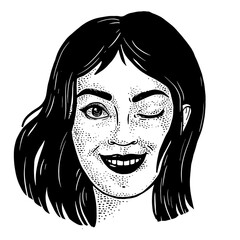 winking beautiful young woman sketch engraving PNG illustration. T-shirt apparel print design. Scratch board imitation. Black and white hand drawn image.