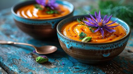   A zoomed-in photo of two bowls of soup on a table, with a spoon and a purple flower resting on one of the bowls - Powered by Adobe