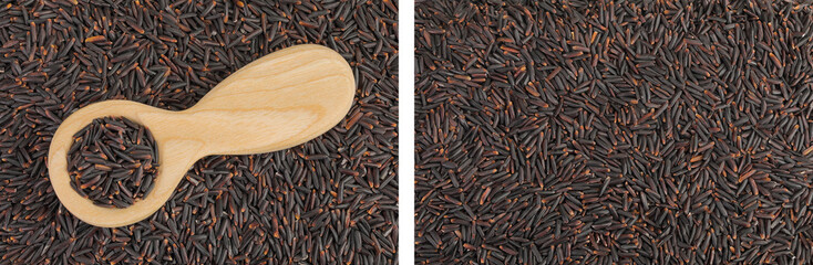 Black rice in a wooden spoon as a background. Top view. Flat lay
