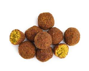 Heap of tasty falafel balls on white background