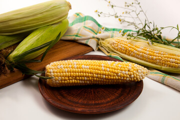 Clay plate with cob sweet corn on white wooden background..