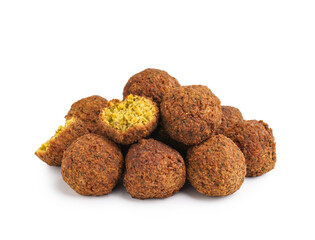 Heap of tasty falafel balls on white background