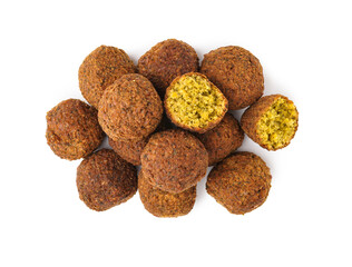 Heap of tasty falafel balls on white background