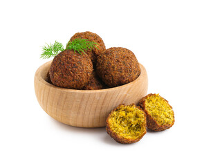 Wooden bowl with delicious falafel balls on white background
