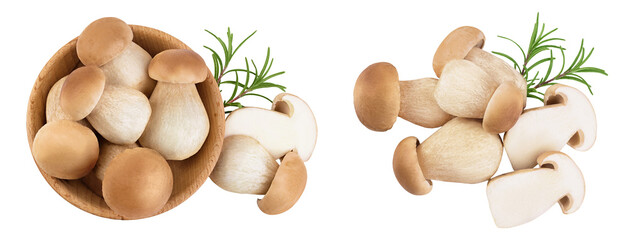 Fresh porcini cep mushroom isolated on white background in wooden bowl. Top view. Flat lay