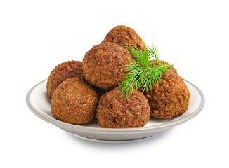 Plate with delicious falafel balls and dill on white background