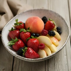 Bol de fruits frais d'été, fraises, framboises, mangue, menthe, peche, myrtille