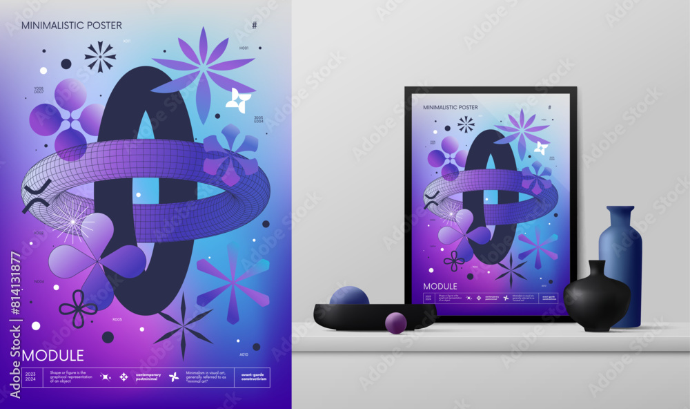 Leinwandbilder Vector gradient minimalistic rave Poster with strange wireframes graphic assets of geometrical shapes Y2K design inspired by brutalism and mockup in the interior, two intersecting tori in blue color