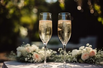 Exotic Tropical wedding with glass flute champagne. Drink toast. Generate Ai